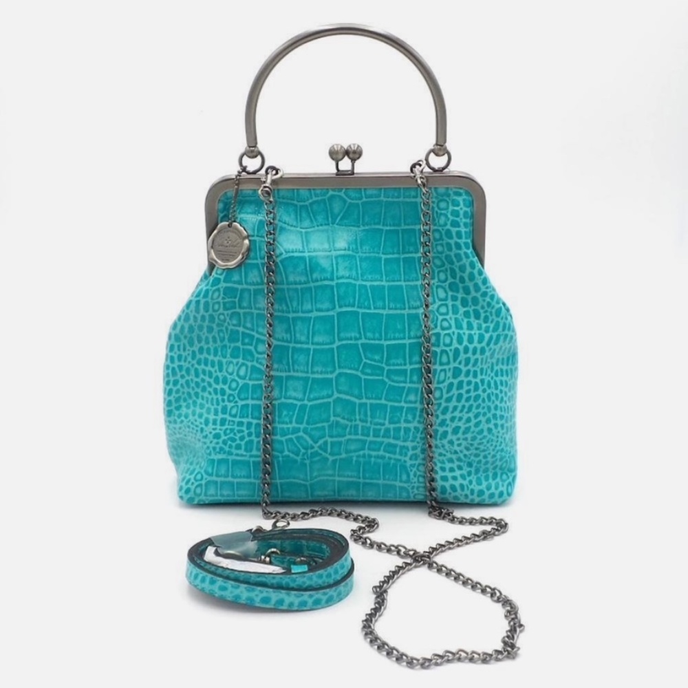 Patricia Nash Leather Novella Frame Bag w/ Extra Strap Aqua Croc
